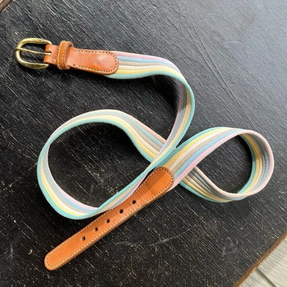 Canterbury Pastel Stripe Canvas Belt Leather & Brass Buckle Size 38